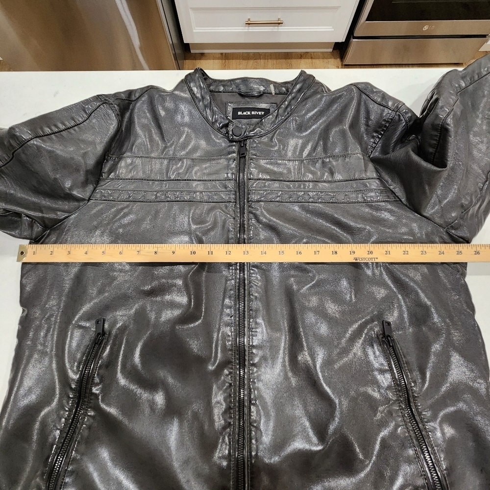 Black Rivet Faux Leather Jacket Mens XXL Black Biker Moto Coat Lined Ribbed - Picture 9 of 12